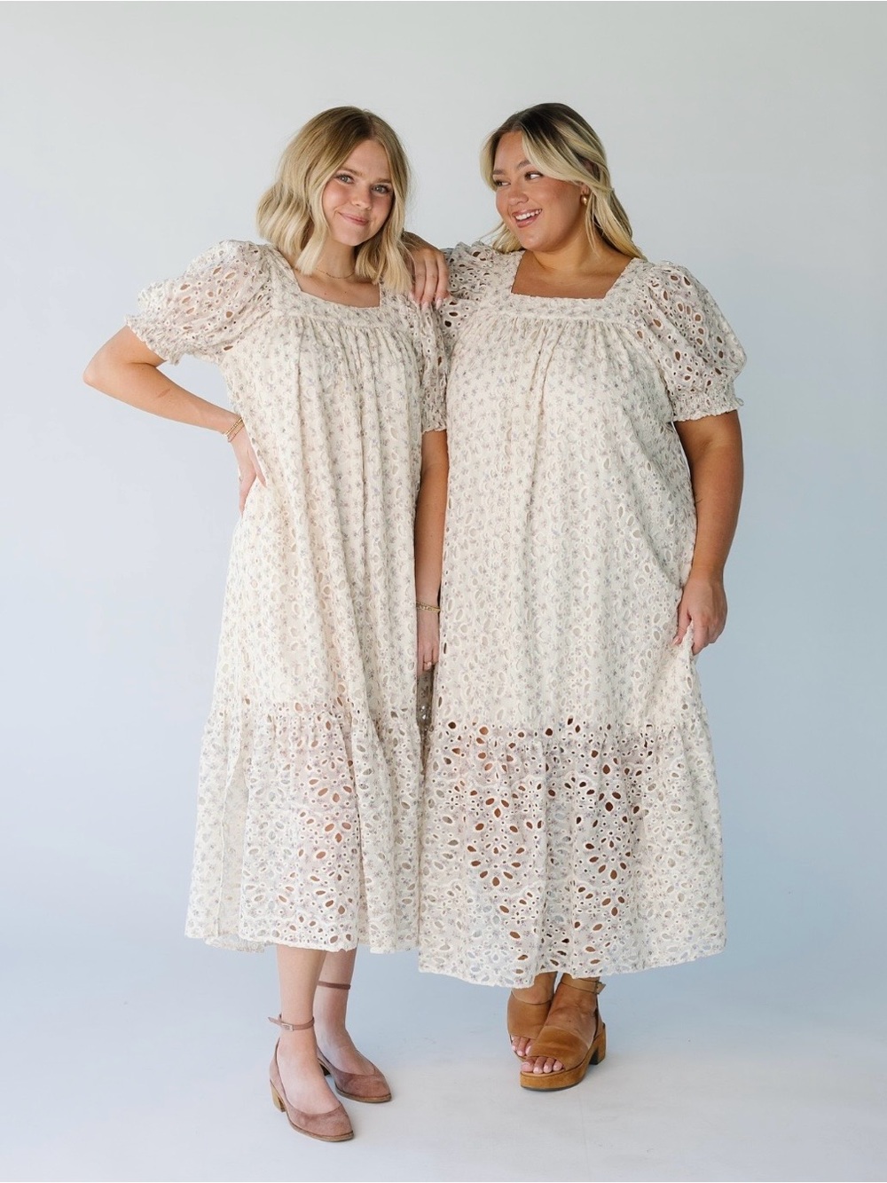 Cream Floral Eyelet Midi Dress with Square Neck - Picture 2 of 4
